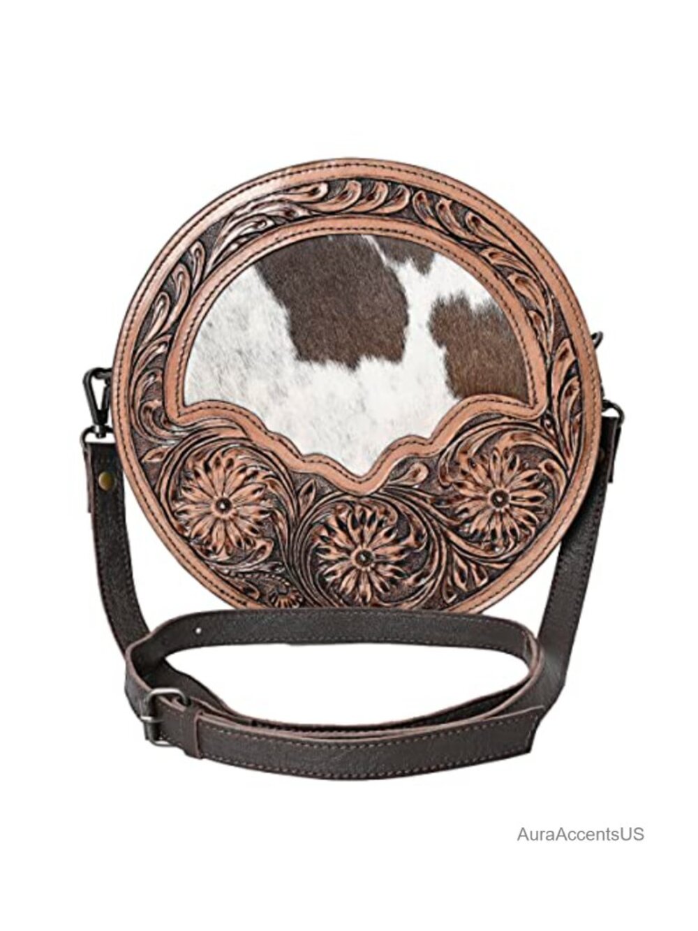 Handtooled Cowhide Leather Crossbody Bag Adjustable Detachable Strap Western